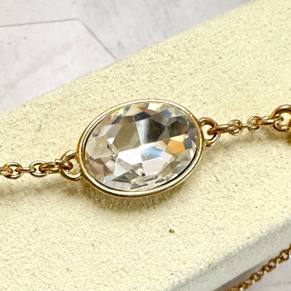 Shofel Brothers Bracelet Clear Oval Rhinestone Bezel Gold Tone Chain Station SHB